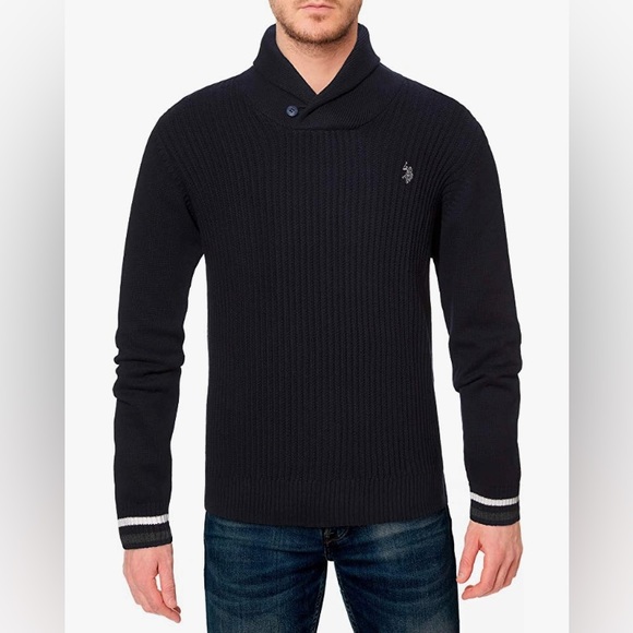 ⛄️PRICE DROP U.S. Polo Assn. Men's Reverse Jersey Shawl Collar Sweater SZ L - Picture 2 of 8